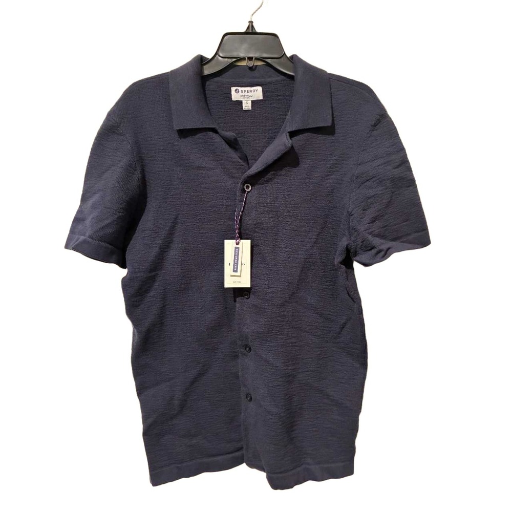 Sperry Mens Navy Blue Textured Knit Short Sleeve Button Down‎ Shirt New Small
